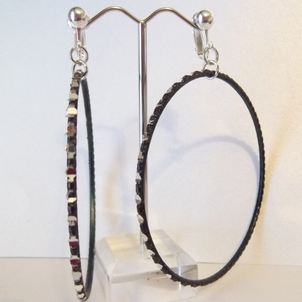 CLIP ON 2.75" BLACK LARGE Hoop Earrings E168